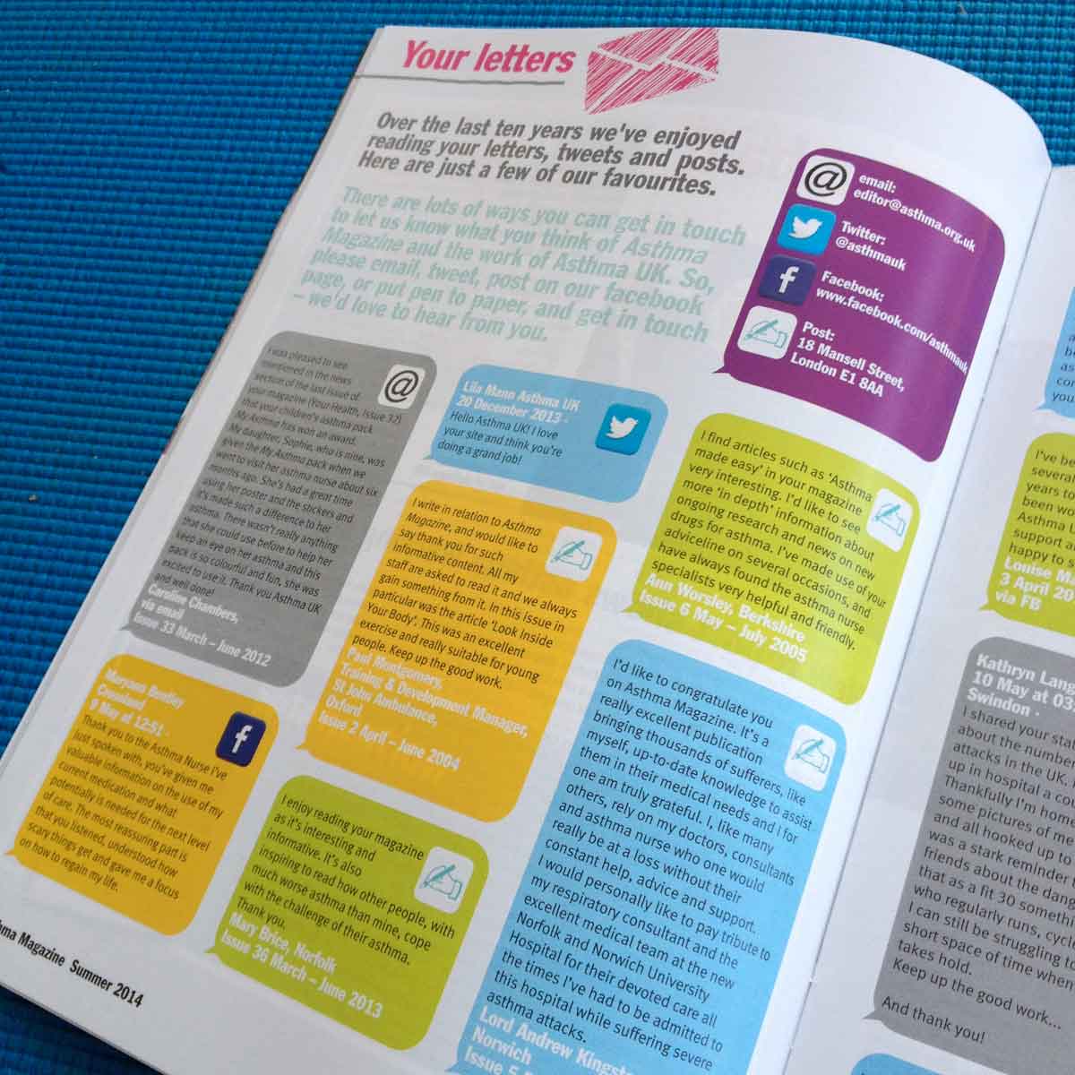 Asthma UK members' magazine layouts designed by Ideology design and marketing