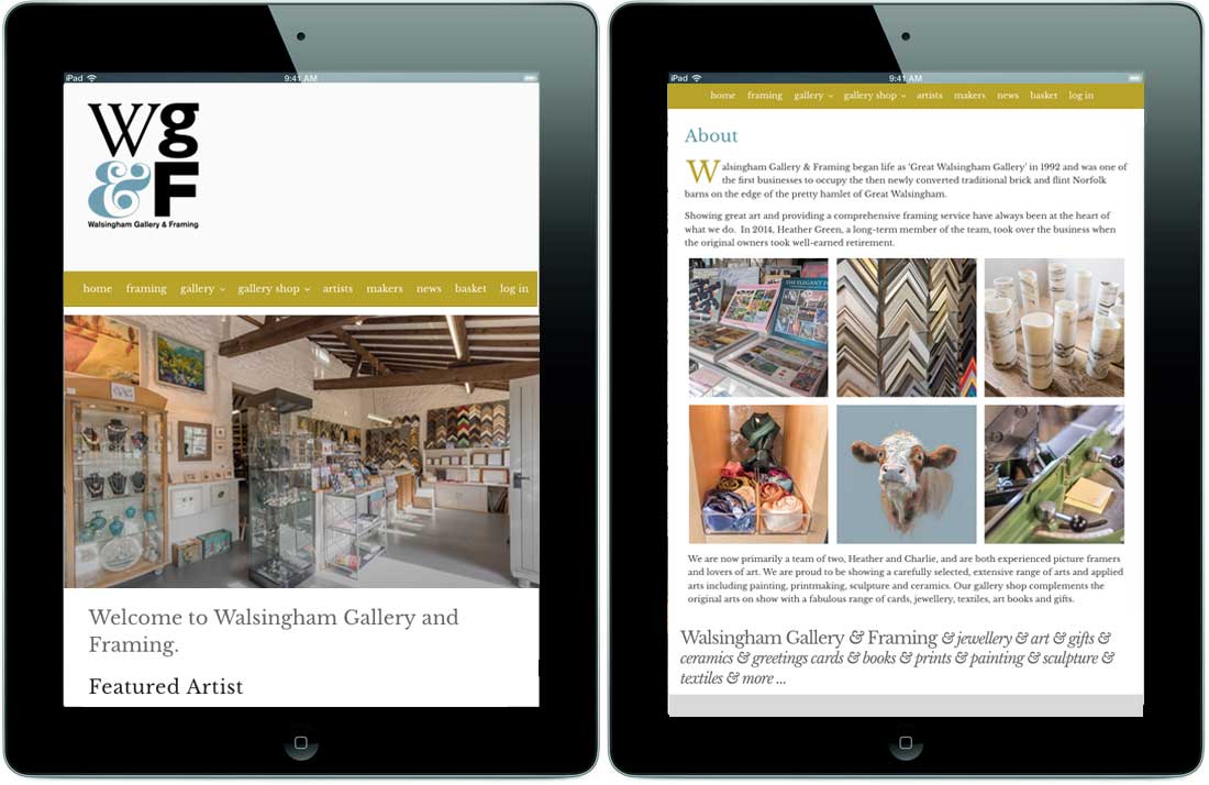 Walsingham Gallery and Framing ecommerce website on ipad