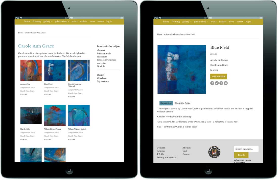 Walsingham Gallery and Framing ecommerce website on ipad