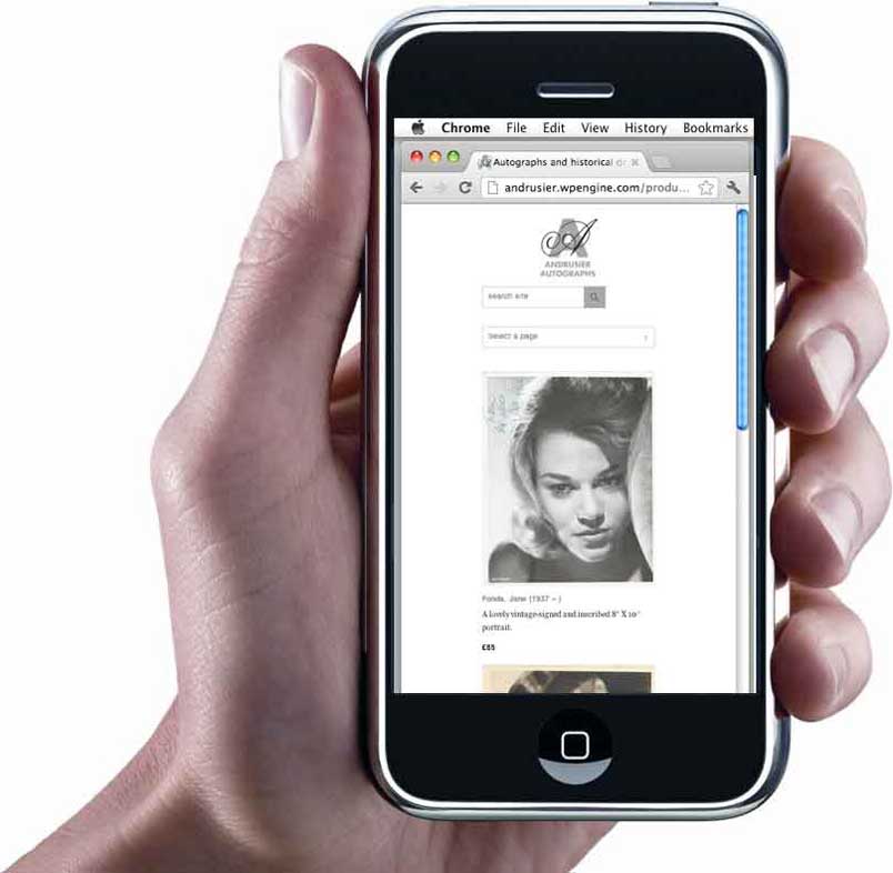 Andrusier Autographs website - mobile view - designed by ideology.uk.com