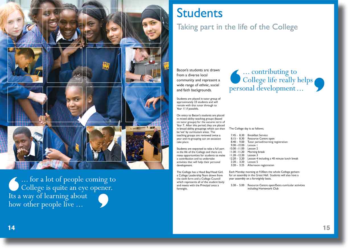 Bacon's College prospectus interior page spread designed by ideology.uk.com