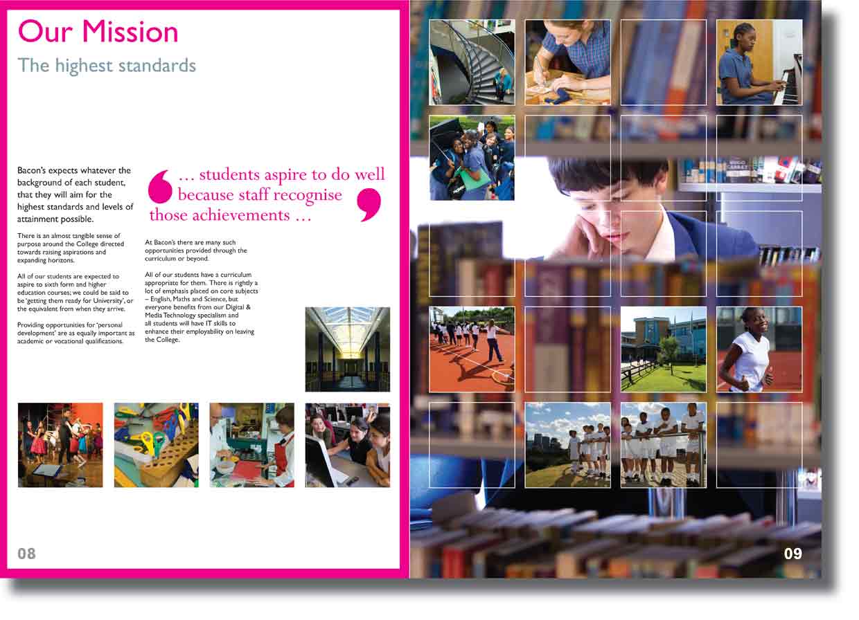 Bacon's College prospectus interior page spread designed by ideology.uk.com